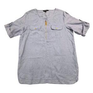 Ellen Tracy Linen Quarter Zip Tunic‎ Shirt Womens Large Blue Roll Tab Sleeves